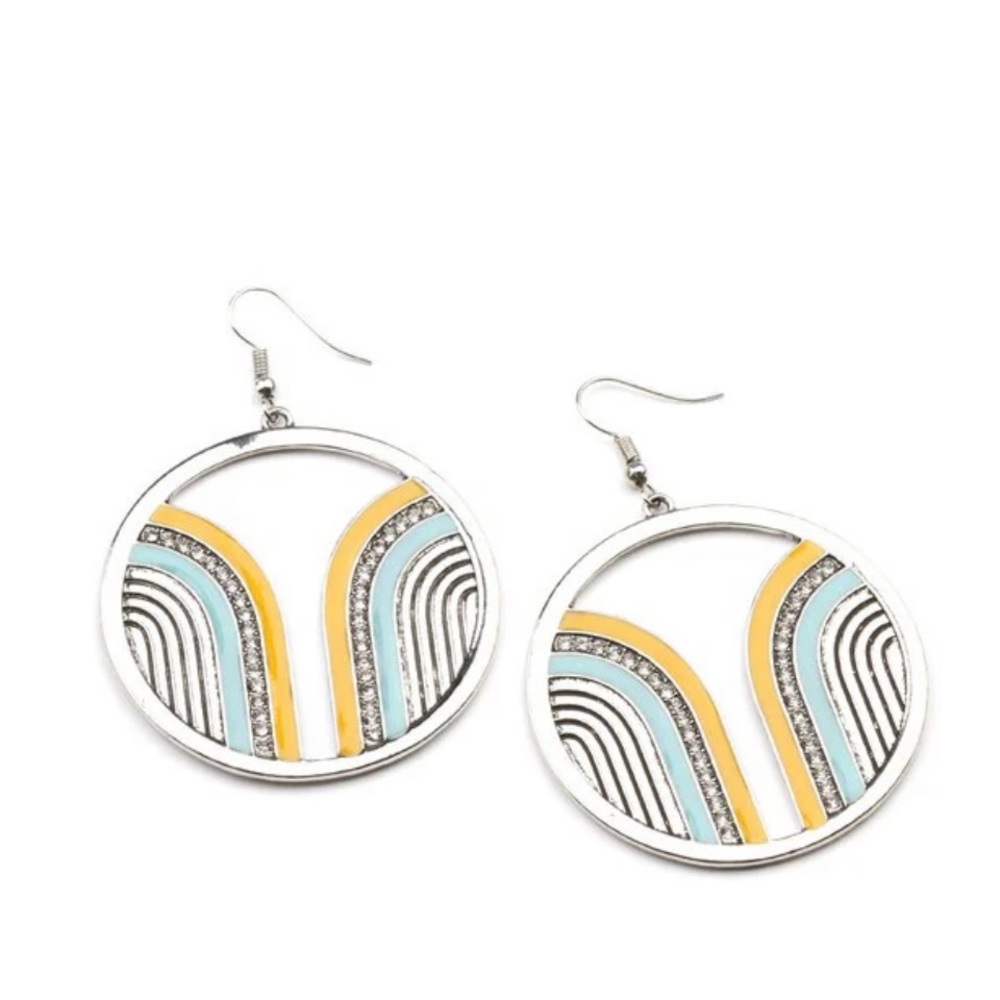 paparazzi Silver-Tone Hoop Earrings with Yellow and Light Blue Accents